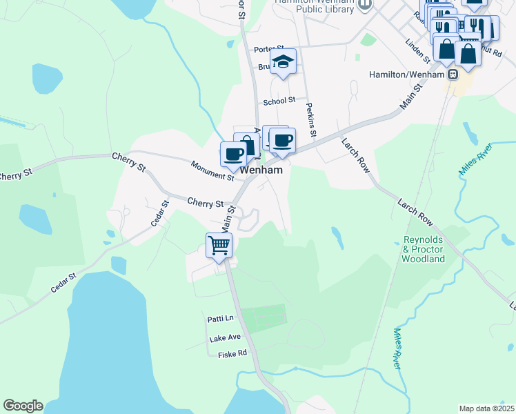 map of restaurants, bars, coffee shops, grocery stores, and more near 309 Old Country Road in Wenham