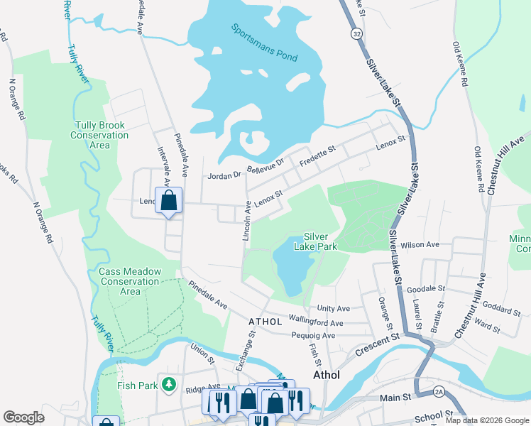 map of restaurants, bars, coffee shops, grocery stores, and more near 462 Twichell Street in Athol