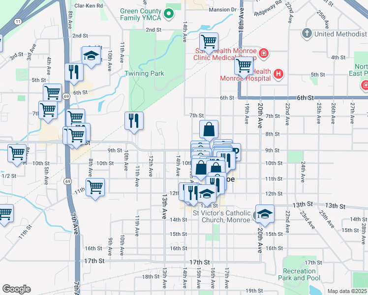 map of restaurants, bars, coffee shops, grocery stores, and more near 1409 9th Street in Monroe