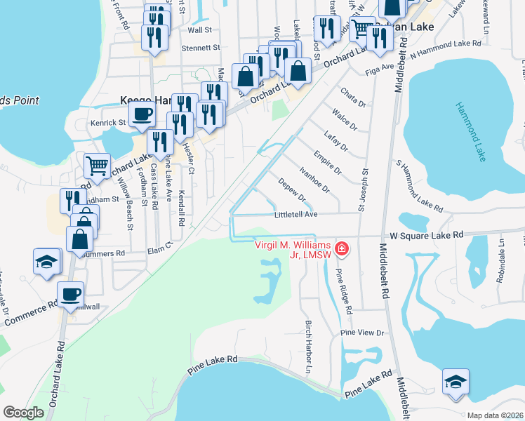 map of restaurants, bars, coffee shops, grocery stores, and more near 2642 Littletell Avenue in West Bloomfield Township