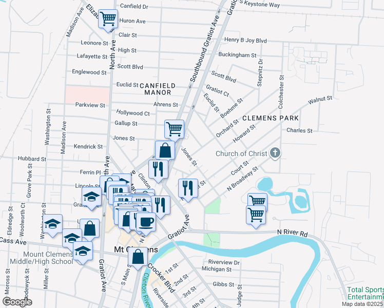 map of restaurants, bars, coffee shops, grocery stores, and more near 124 Jones Street in Mount Clemens