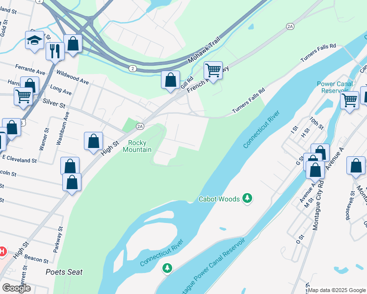 map of restaurants, bars, coffee shops, grocery stores, and more near 26 Sunrise Avenue in Greenfield
