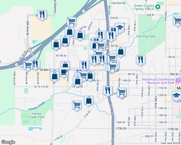 map of restaurants, bars, coffee shops, grocery stores, and more near 305 8th Street in Monroe