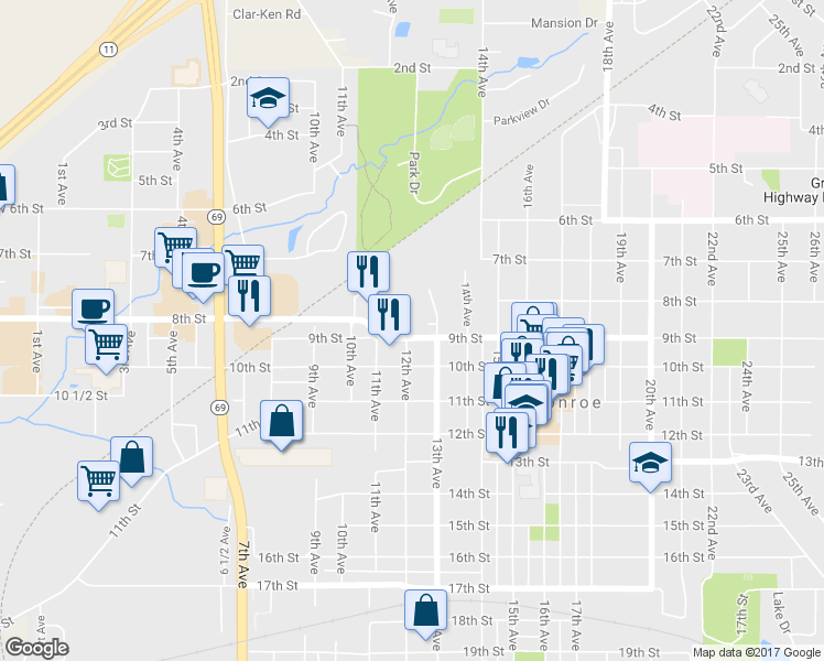map of restaurants, bars, coffee shops, grocery stores, and more near 1203 9th Street in Monroe