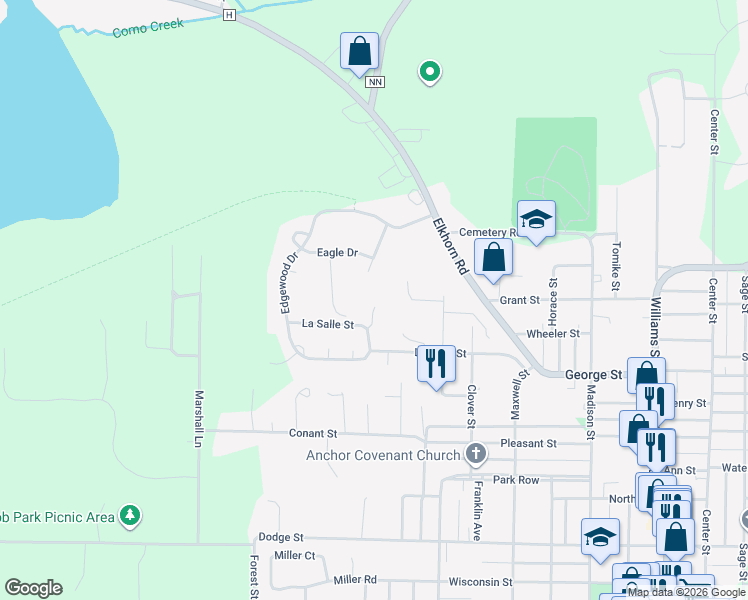 map of restaurants, bars, coffee shops, grocery stores, and more near 1155 La Salle Court in Lake Geneva