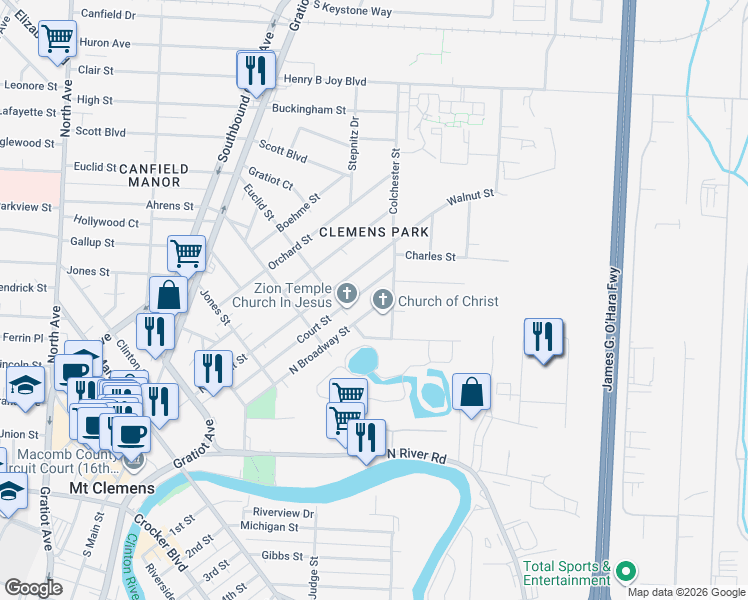 map of restaurants, bars, coffee shops, grocery stores, and more near 220 Court Street in Mount Clemens