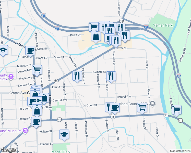 map of restaurants, bars, coffee shops, grocery stores, and more near 34 Hubbard Street in Cortland