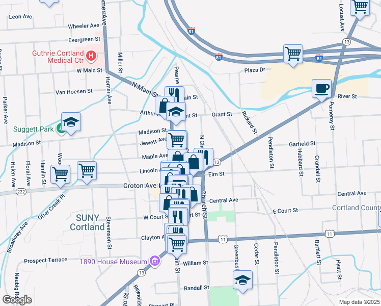 map of restaurants, bars, coffee shops, grocery stores, and more near 17 Charles Street in Cortland