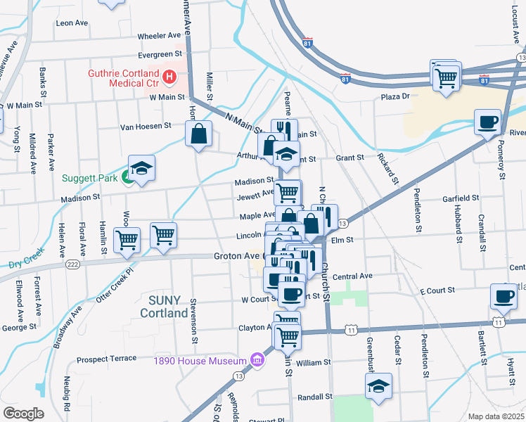 map of restaurants, bars, coffee shops, grocery stores, and more near 16 Maple Avenue in Cortland