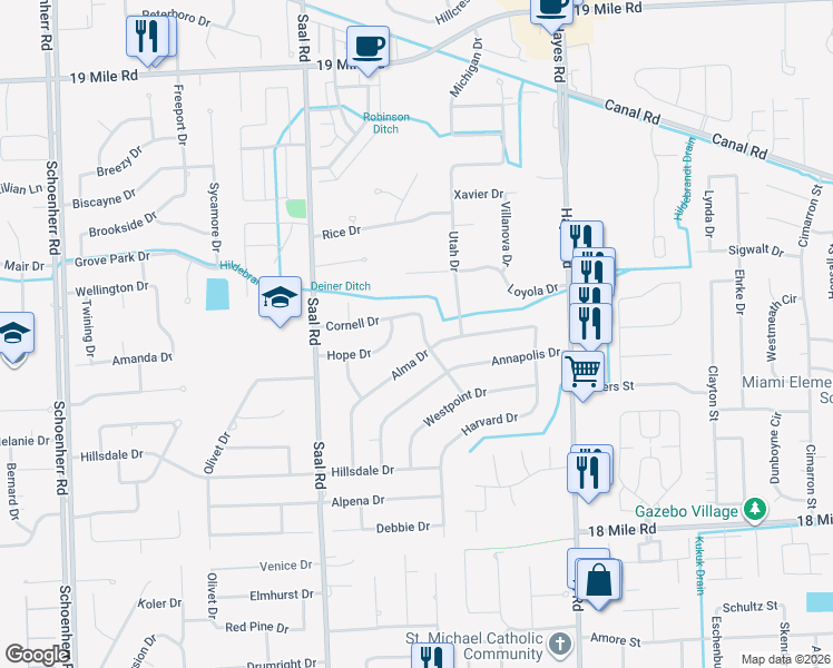 map of restaurants, bars, coffee shops, grocery stores, and more near 41827 Vanderbilt Drive in Sterling Heights