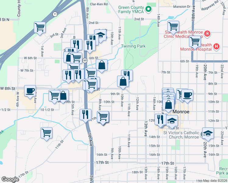 map of restaurants, bars, coffee shops, grocery stores, and more near 915 9th Street in Monroe