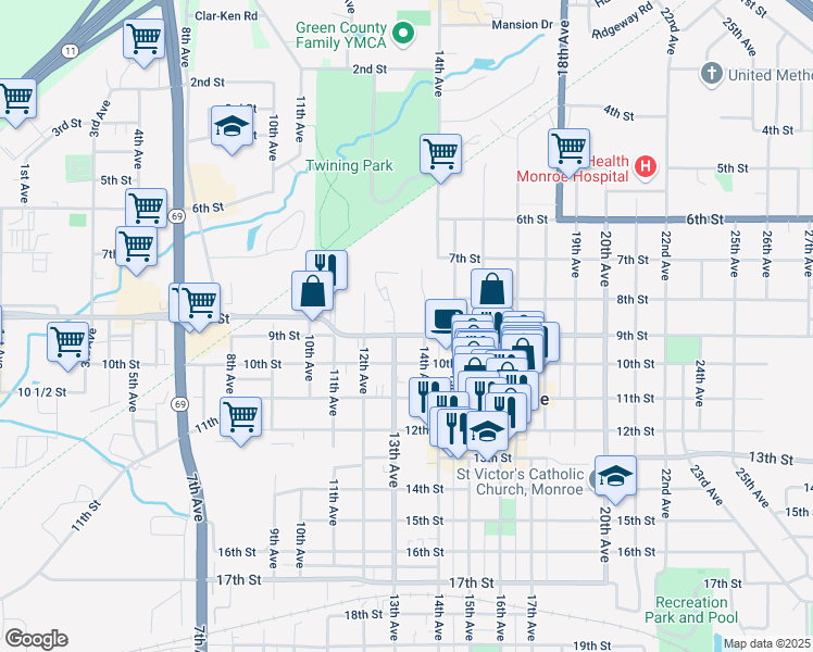 map of restaurants, bars, coffee shops, grocery stores, and more near 1309 9th St in Monroe