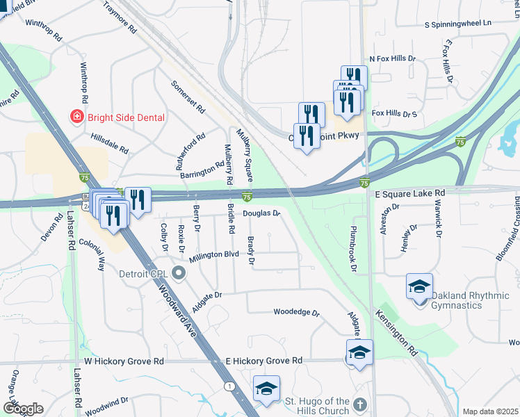 map of restaurants, bars, coffee shops, grocery stores, and more near 281 Douglas Drive in Bloomfield Township
