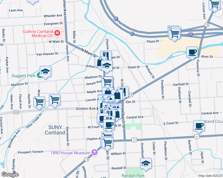 map of restaurants, bars, coffee shops, grocery stores, and more near 22 Charles Street in Cortland