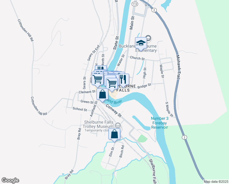 map of restaurants, bars, coffee shops, grocery stores, and more near 1 Memorial Drive in Shelburne Falls