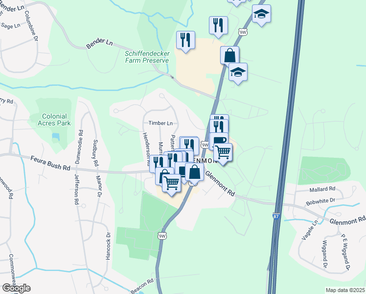 map of restaurants, bars, coffee shops, grocery stores, and more near Tice Lane in Glenmont
