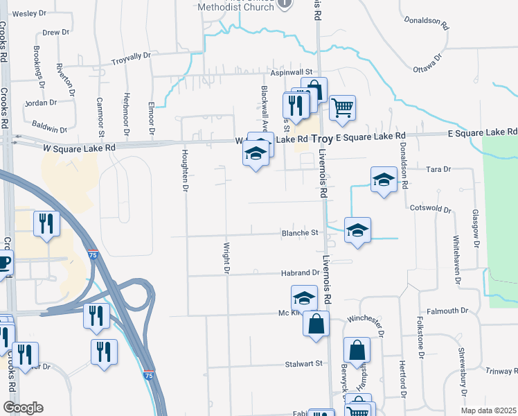 map of restaurants, bars, coffee shops, grocery stores, and more near 221 Florence Drive in Troy