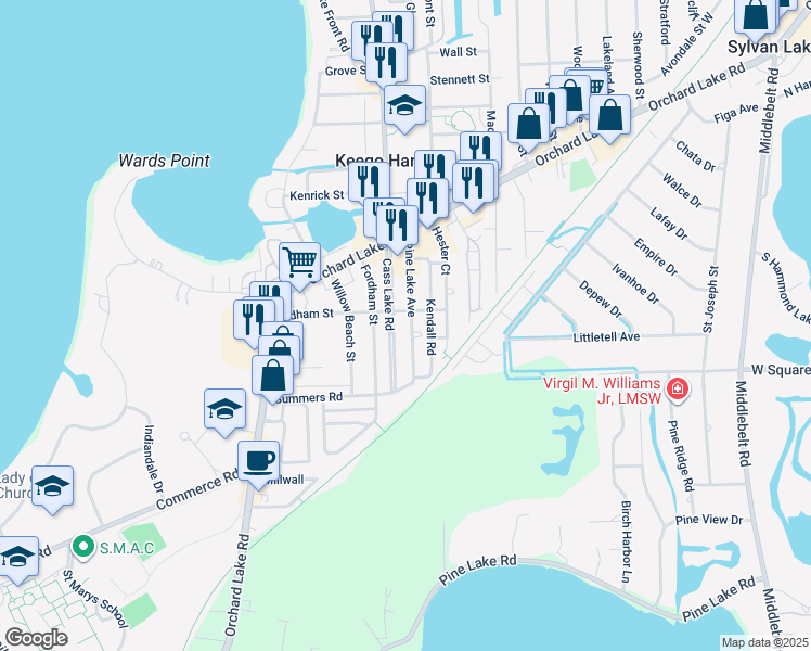 map of restaurants, bars, coffee shops, grocery stores, and more near 2418 Pine Lake Avenue in Keego Harbor