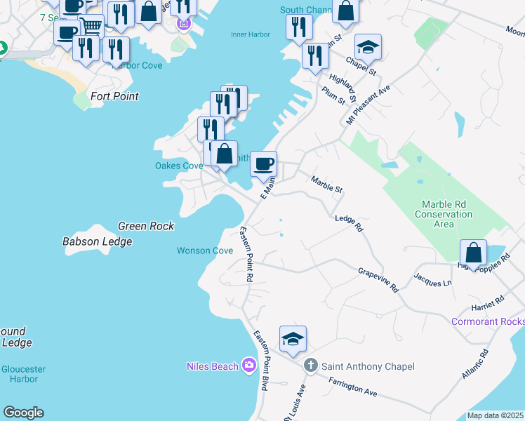 map of restaurants, bars, coffee shops, grocery stores, and more near 6 Eastern Point Road in Gloucester