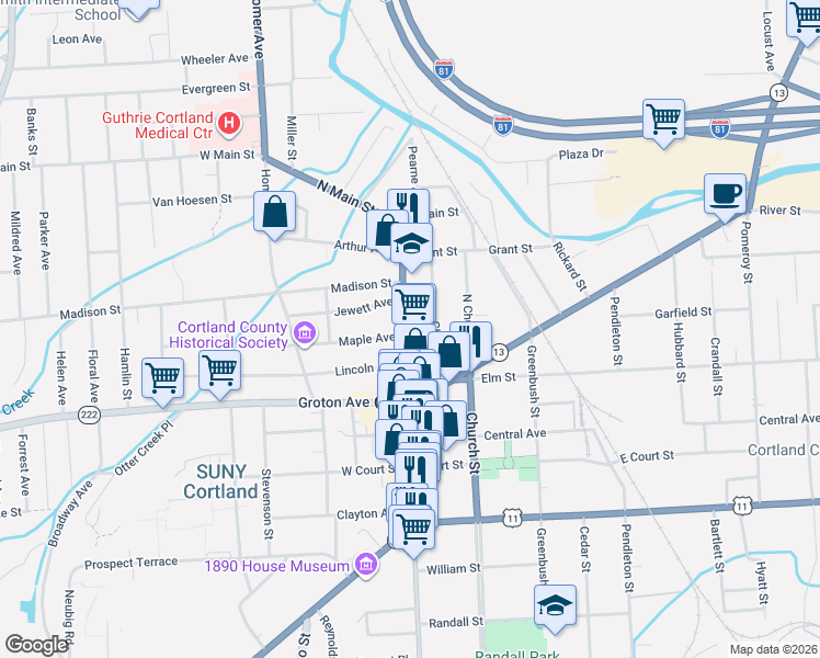 map of restaurants, bars, coffee shops, grocery stores, and more near 35 North Main Street in Cortland