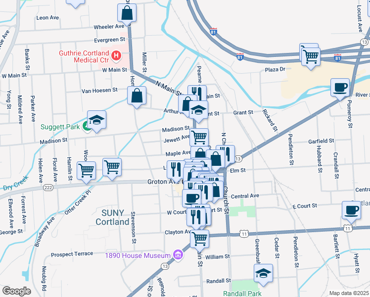 map of restaurants, bars, coffee shops, grocery stores, and more near 23-25 Maple Avenue in Cortland