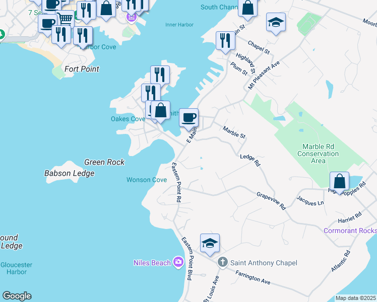 map of restaurants, bars, coffee shops, grocery stores, and more near 6 Eastern Point Road in Gloucester