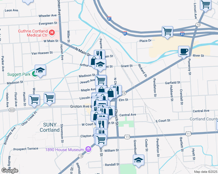 map of restaurants, bars, coffee shops, grocery stores, and more near 17 Charles Street in Cortland