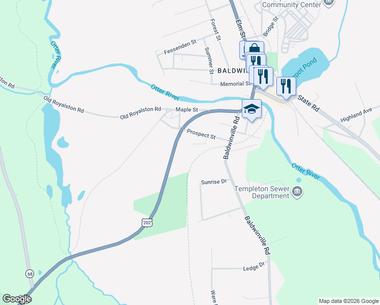 map of restaurants, bars, coffee shops, grocery stores, and more near 50 King Phillip Trail in Templeton