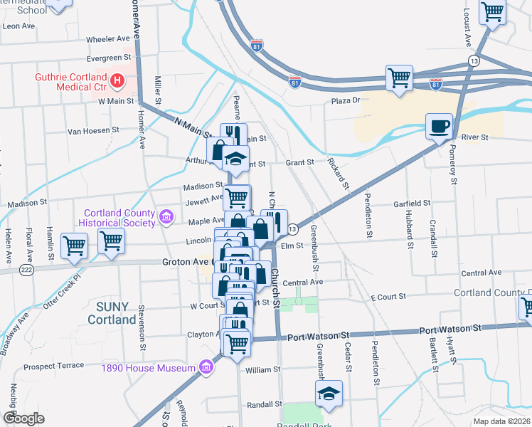 map of restaurants, bars, coffee shops, grocery stores, and more near 17 Charles Street in Cortland