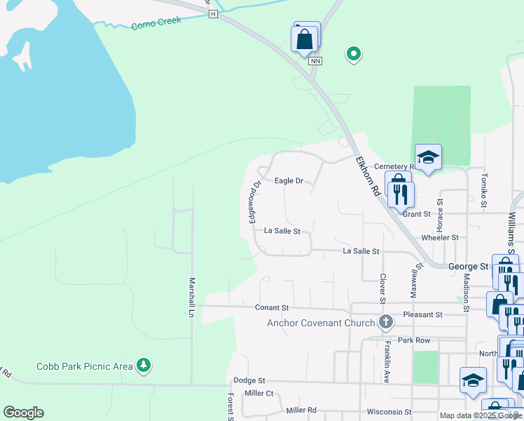 map of restaurants, bars, coffee shops, grocery stores, and more near 1185 Edgewood Drive in Lake Geneva