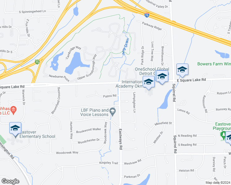 map of restaurants, bars, coffee shops, grocery stores, and more near 2551 Ginger Court in Bloomfield Hills