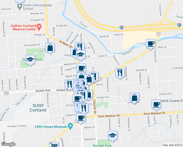 map of restaurants, bars, coffee shops, grocery stores, and more near 14 North Church Street in Cortland