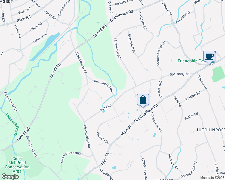 map of restaurants, bars, coffee shops, grocery stores, and more near 16 Frances Hill Road in Westford