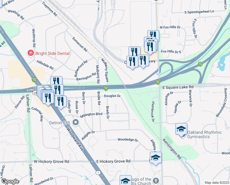 map of restaurants, bars, coffee shops, grocery stores, and more near 281 Douglas Drive in Bloomfield Hills