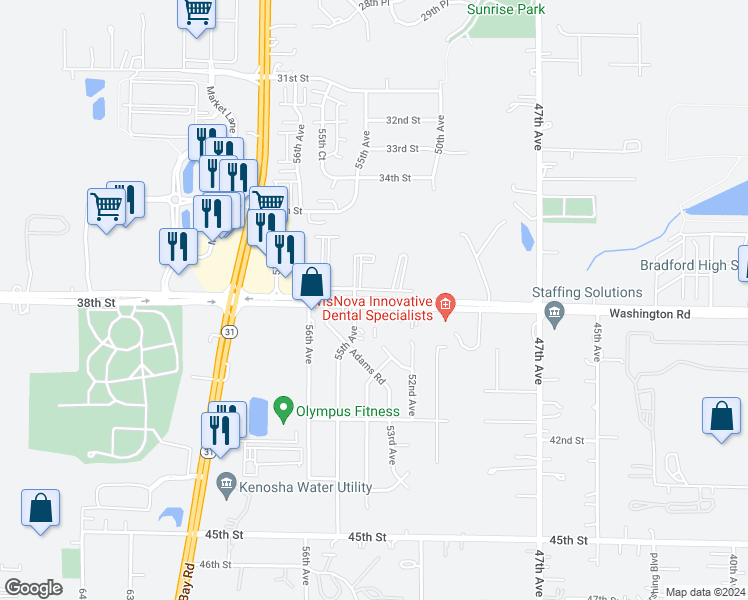 map of restaurants, bars, coffee shops, grocery stores, and more near 5419 County Highway South in Kenosha