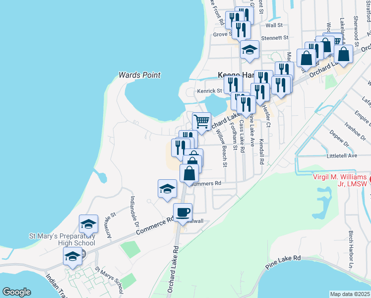 map of restaurants, bars, coffee shops, grocery stores, and more near 3232 Orchard Lake Road in Orchard Lake Village