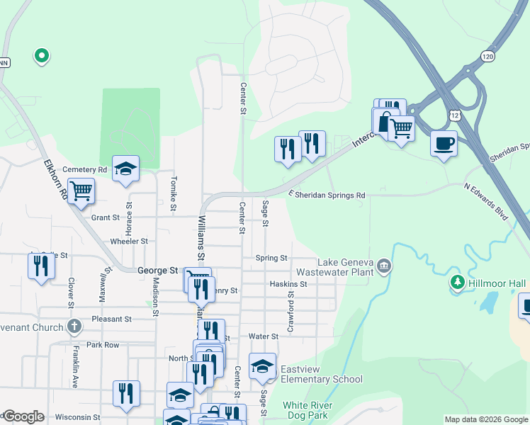 map of restaurants, bars, coffee shops, grocery stores, and more near 627 Grove Street in Lake Geneva