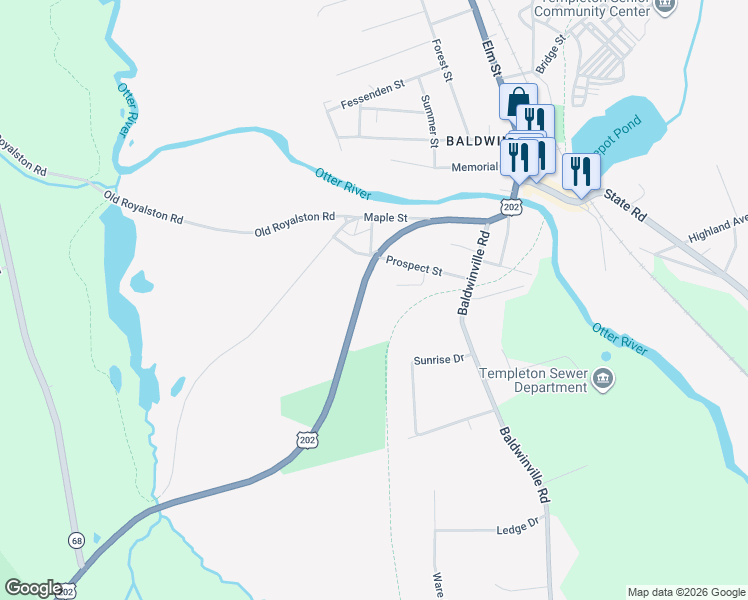 map of restaurants, bars, coffee shops, grocery stores, and more near 50 King Philip Trail in Templeton
