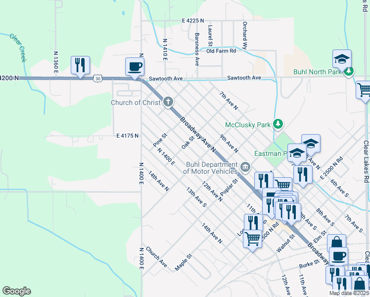 map of restaurants, bars, coffee shops, grocery stores, and more near 620 12th Avenue North in Buhl