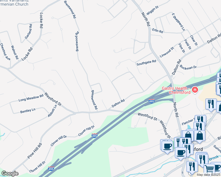 map of restaurants, bars, coffee shops, grocery stores, and more near 10 Hornbeam Hill Road in Chelmsford