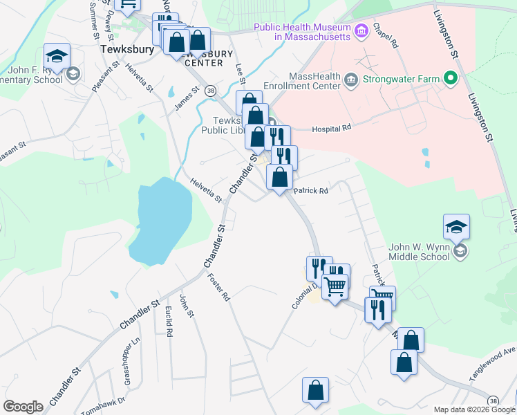 map of restaurants, bars, coffee shops, grocery stores, and more near 8 Hillcrest Road in Tewksbury