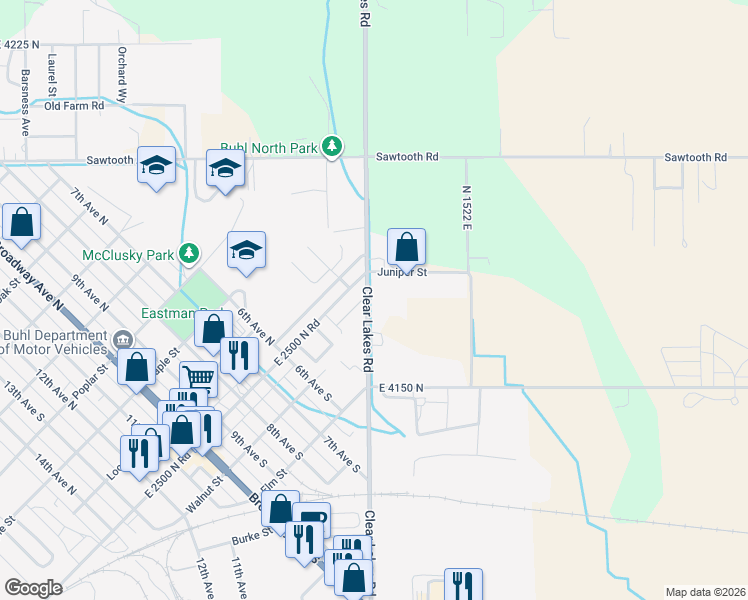 map of restaurants, bars, coffee shops, grocery stores, and more near 340 Clear Lakes Road in Buhl