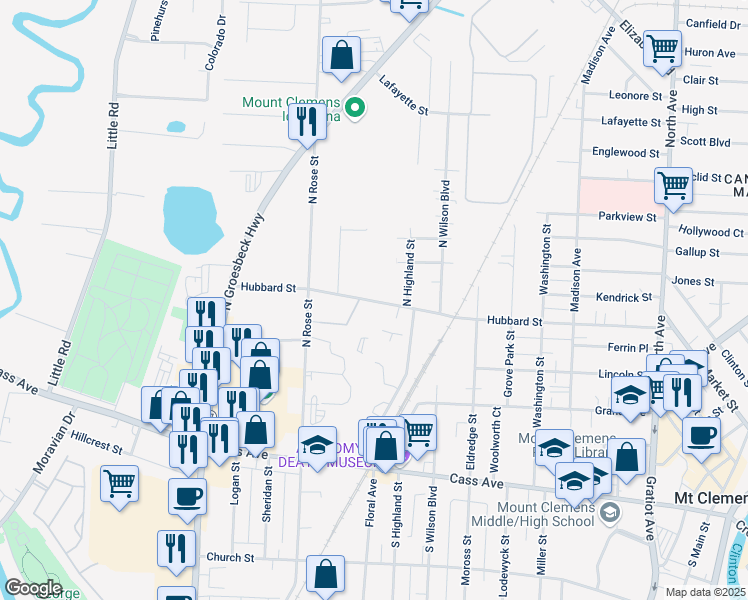 map of restaurants, bars, coffee shops, grocery stores, and more near 202 Hubbard Street in Mount Clemens