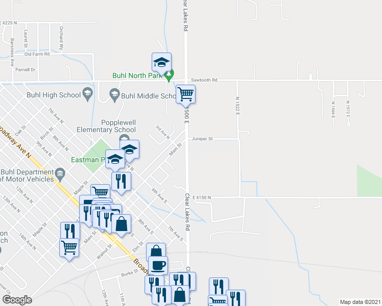 map of restaurants, bars, coffee shops, grocery stores, and more near 340 Clear Lakes Road in Buhl