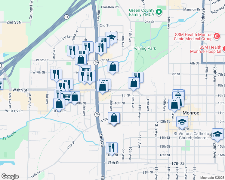 map of restaurants, bars, coffee shops, grocery stores, and more near 806 8th Street in Monroe