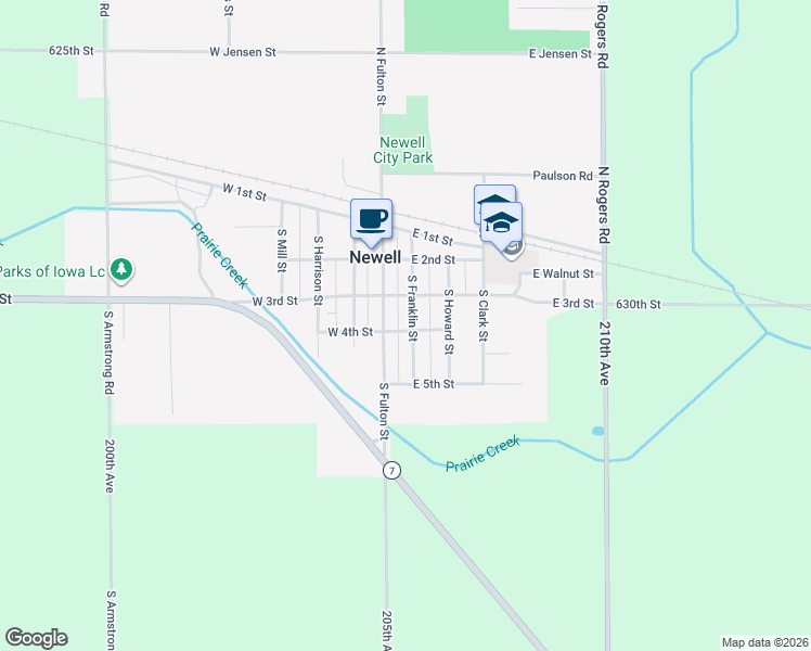 map of restaurants, bars, coffee shops, grocery stores, and more near 409 South Franklin Street in Newell
