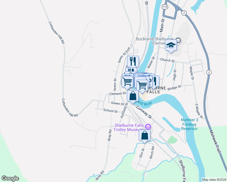 map of restaurants, bars, coffee shops, grocery stores, and more near 34 Sears Street in Buckland