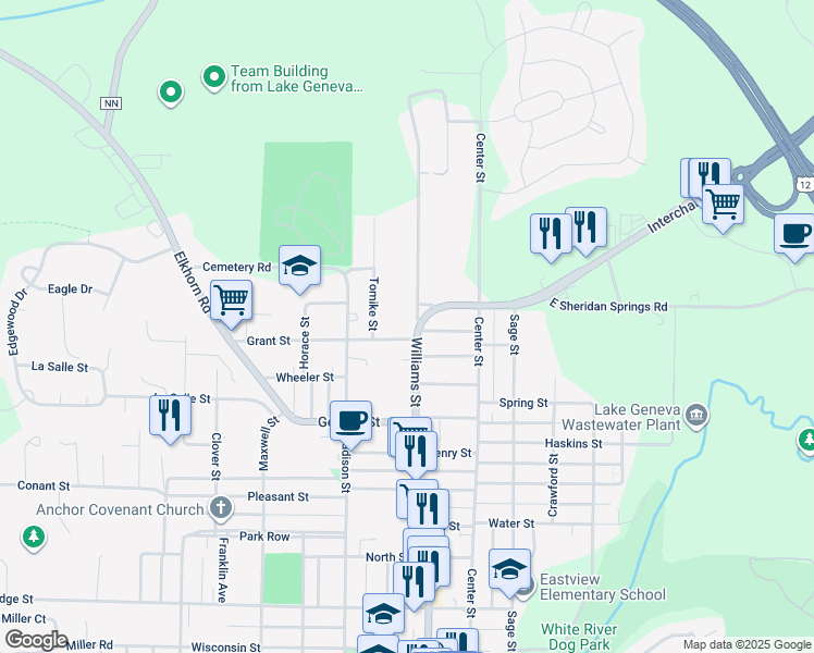 map of restaurants, bars, coffee shops, grocery stores, and more near 1210 Williams Street in Lake Geneva