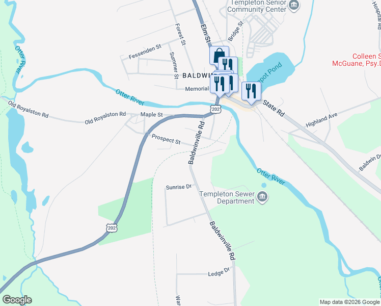 map of restaurants, bars, coffee shops, grocery stores, and more near 702 Baldwinville Road in Templeton