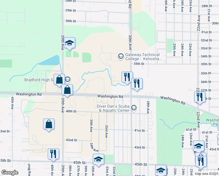map of restaurants, bars, coffee shops, grocery stores, and more near 3222 Washington Road in Kenosha